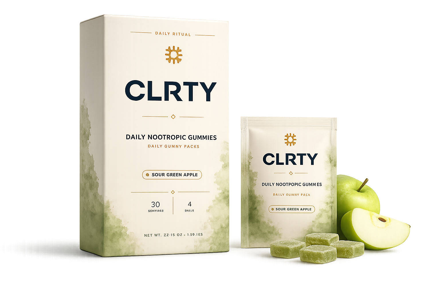 CLRTY Daily Nootropic Gummies box, daily pouch, and gummies