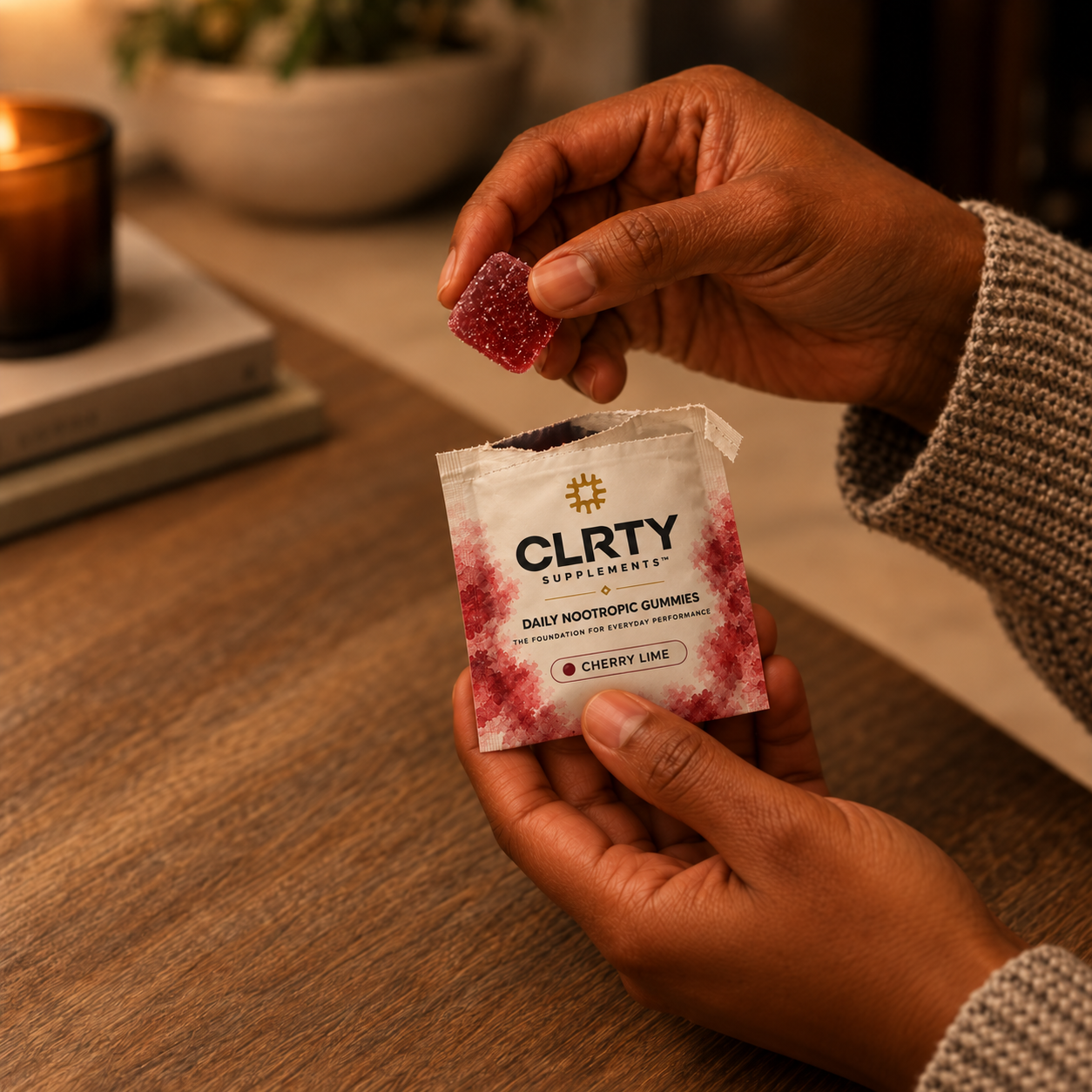 Tear open your CLRTY daily gummy pack